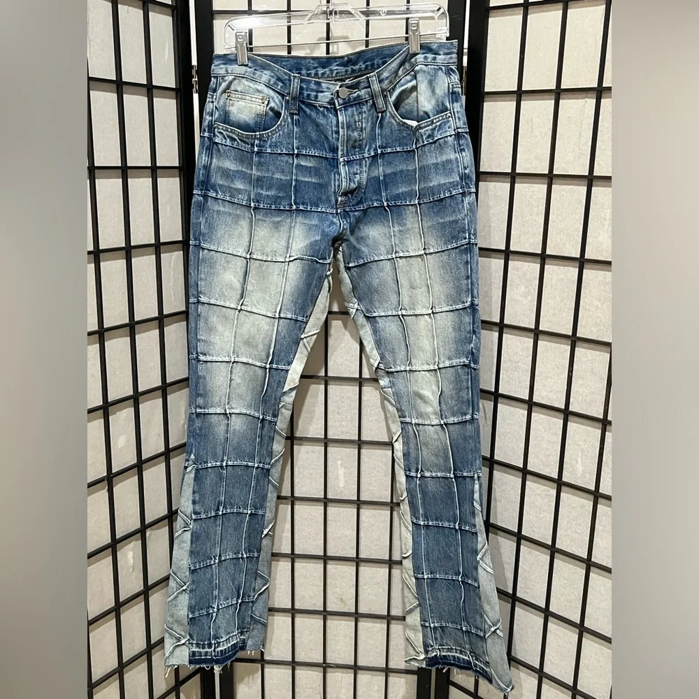 MNML TOKYO FRAYED HEM WINDOW PANE STACKED BUTTON FLY 5 POCKET JEANS SIZE 31X34